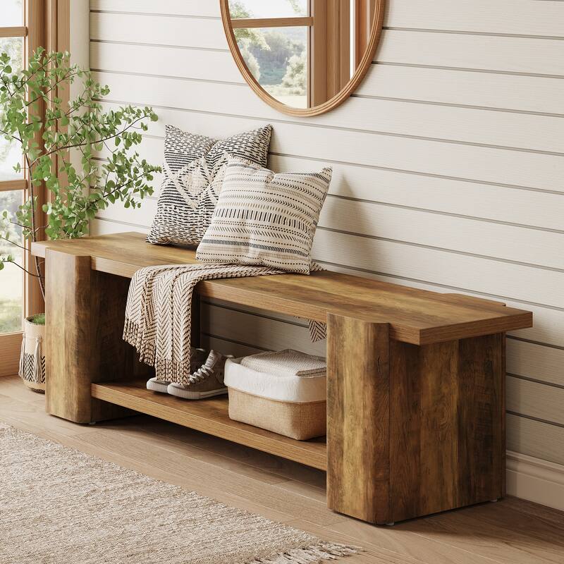 63 Inch Long Wooden Entryway Bench, End of Bed Bench with Storage Shelf - 13.39" D x 62.6" W x 17.32" H - Brown