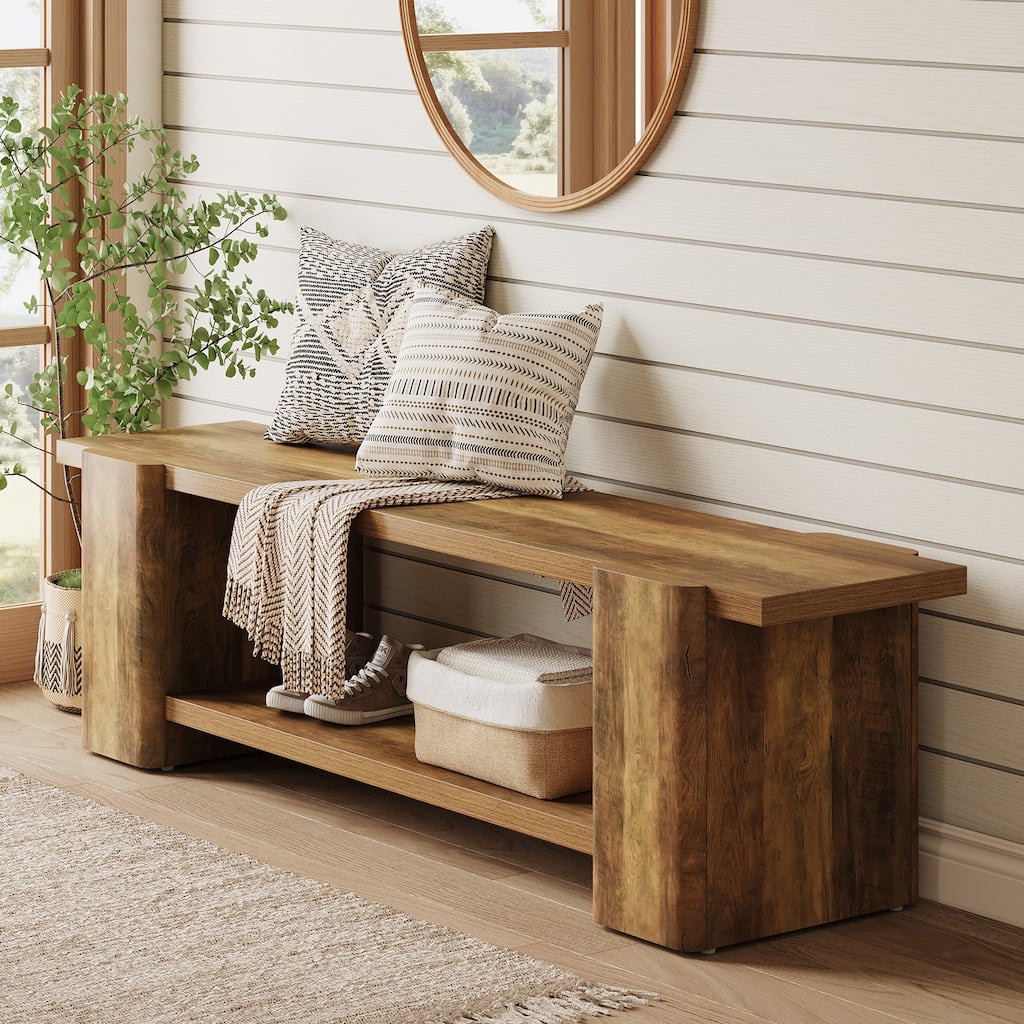 63 Inch Long Wooden Entryway Bench, End of Bed Bench with Storage Shelf - 13.39" D x 62.6" W x 17.32" H