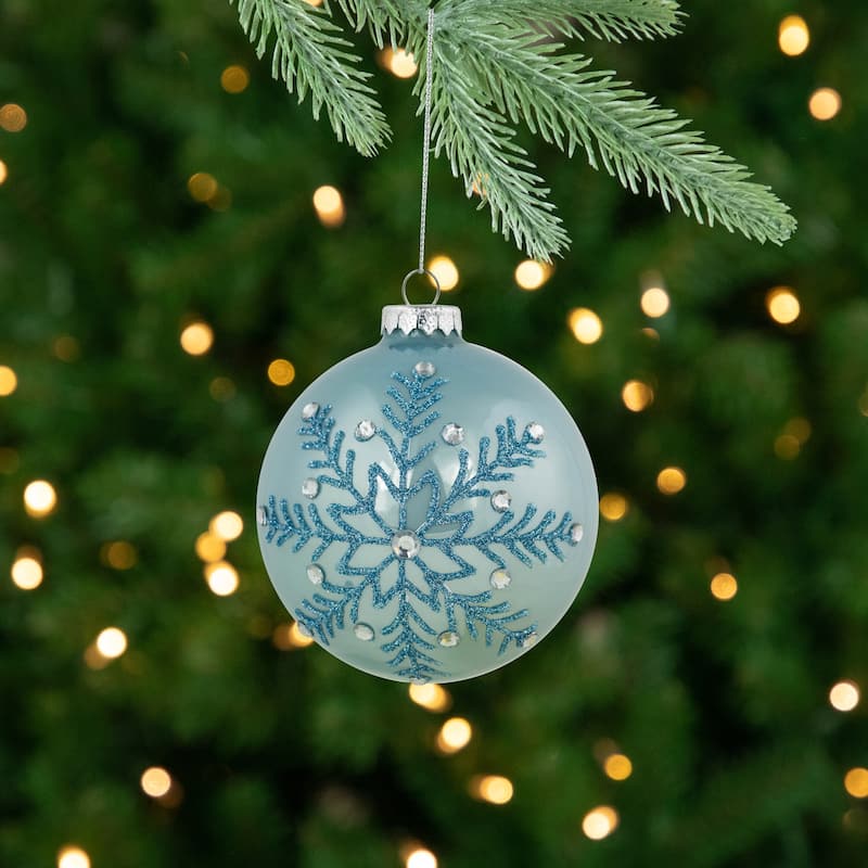 2 Light Blue Glittered JeweLED Snowflake Christmas Ball Ornaments 4"
