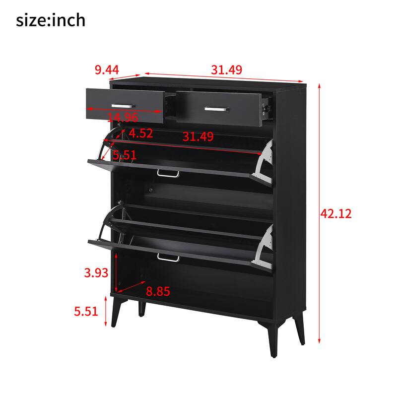 Modern Wood Shoe Storage Cabinet - 2 Flip Drawers and Drawer