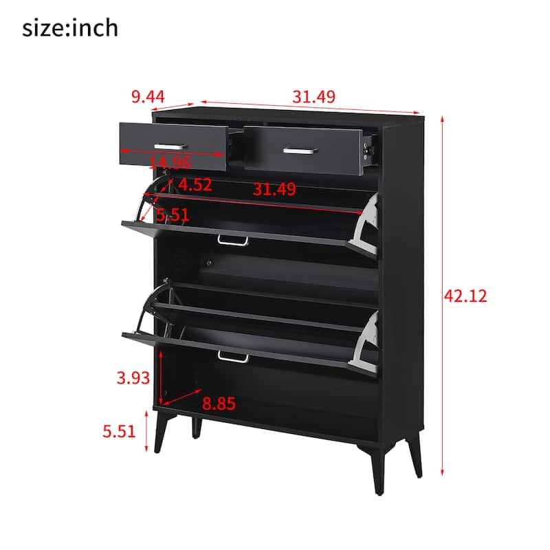 Shoe Cabinet with 2 Flip Drawers & 2 Drawers, Free Standing Tipping Bucket Organizer, Shoe Rack with Adjustable Shelves