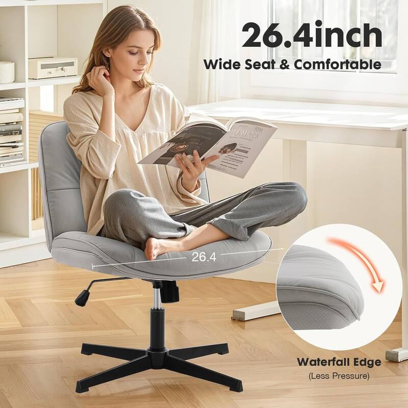 PU Leather Tilt Wide Seat Ergonomic Task Chair with Armless, Criss Cross Legged and No Wheels