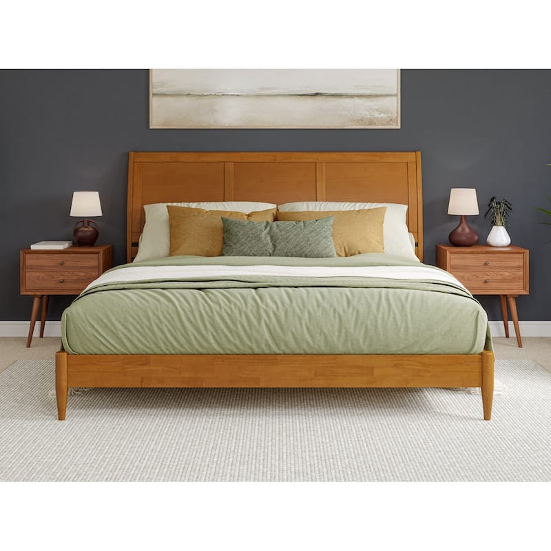 King Size Wood Platform Bed - Low Profile Sleigh Design with USB Ports - Modern Bedroom Furniture