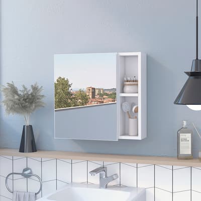 Medicine Cabinet with Mirror, Three Interior Shelves, Single Door, Two External Shelves - White Finish