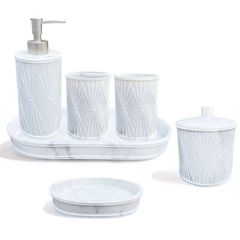 6 Piece Grey Beige White Marble Design Textured Bathroom Accessories Set - 6 Piece Set - 6 Piece Set