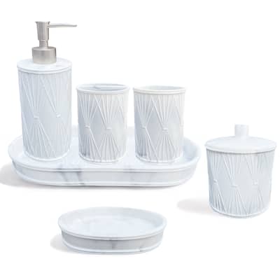 6 Piece Grey Beige White Marble Design Textured Bathroom Accessories Set - 6 Piece Set