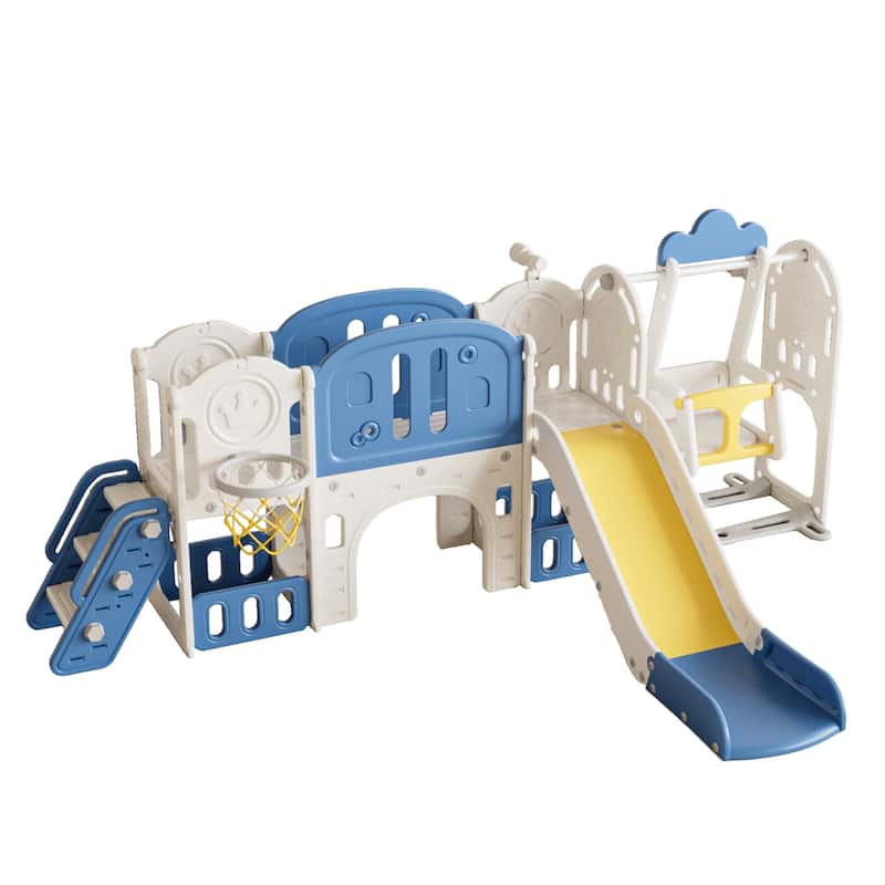 Toddler Activity Center Slide for Kids Indoor Outdoor Playground with Climbing Swing Basketball Telescope and Exploration Toys