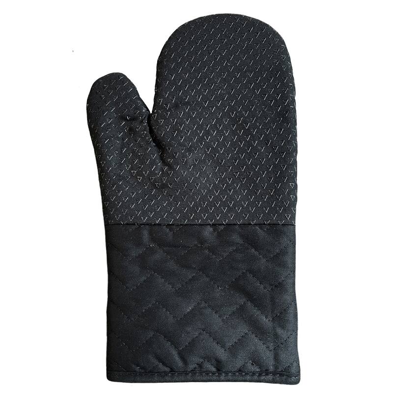 Black Heat Resistant Thick Soft Quilted Lining Kitchen Oven Glove Mitts With Silicone Treatment - 1 Pair