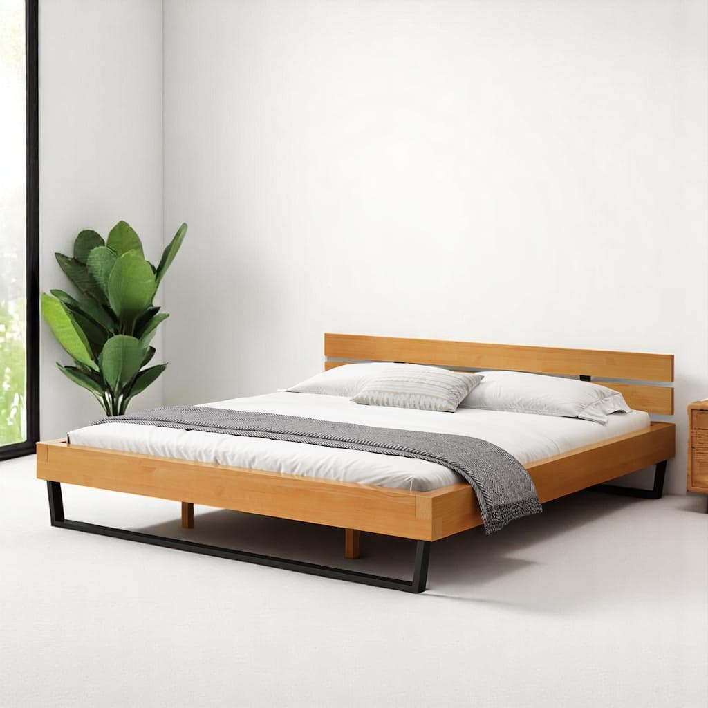 Queen/King Size Bed Frame with Headboard, Solid Pine Wood and Iron Platform Bed, Industrial Modern Design, No Box Spring Needed