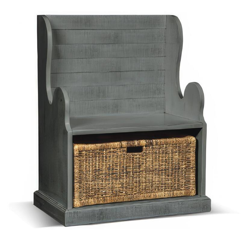 Eulie Hall Foyer Bench Seat w Rattan Basket, Rustic Blue Mahogany Wood