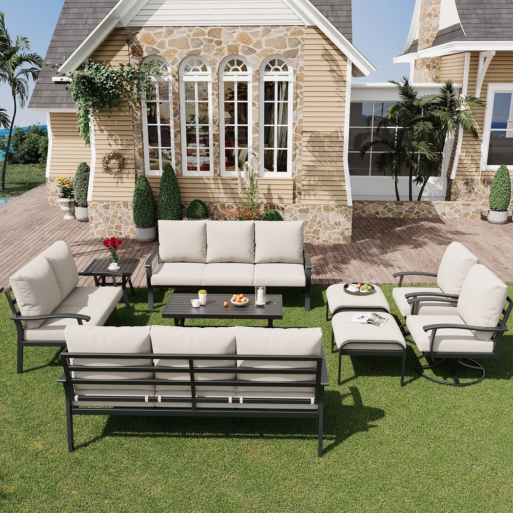 Erommy Patio Set: 360° Swivel Rockers, Sofa, Ottomans & Table – Outdoor Conversation Set for Poolside, Garden & Deck