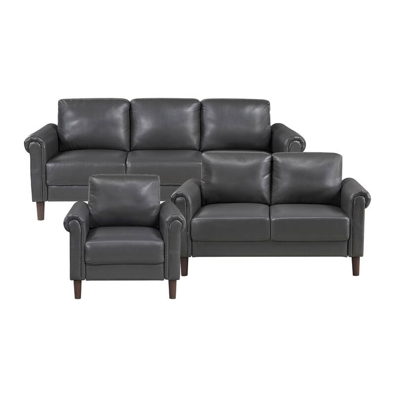 Fremont & Park Frances Faux Leather 3-Piece Living Room Set - Brown Finish Feet - Dark gray