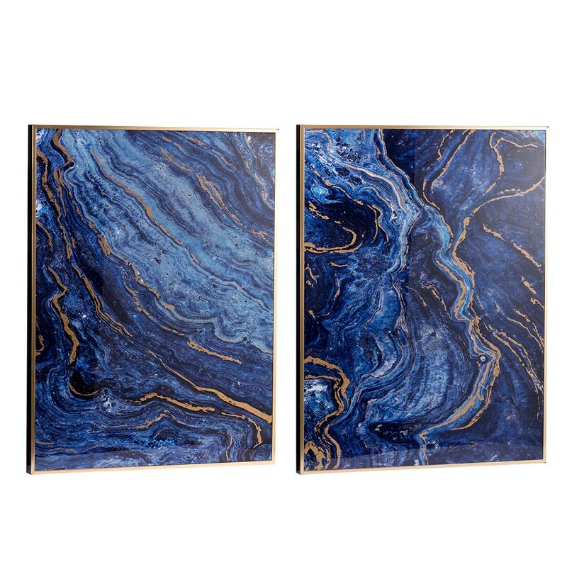 Set of 2, Modern Wall Decor Blue and Gold Framed Art Panels with Unique Marbled Design, for Home and office