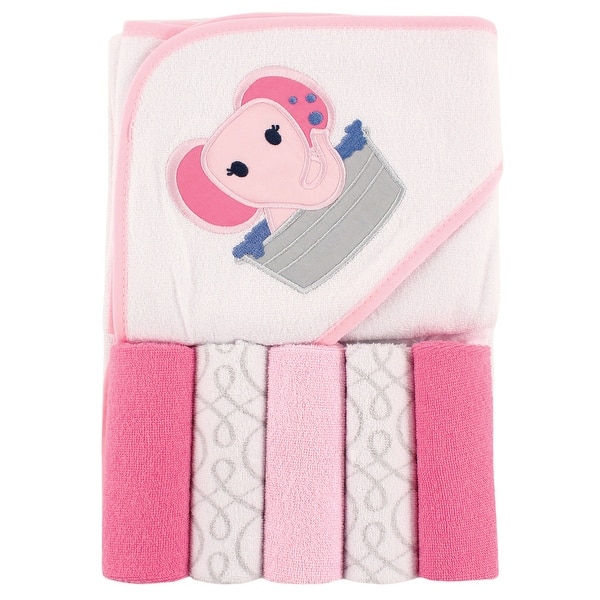 slide 1 of 1, Luvable Friends Baby Girl Hooded Towel with Five Washcloths, Pink Elephant, One Size - Pink Elephant - One Size Pink Elephant