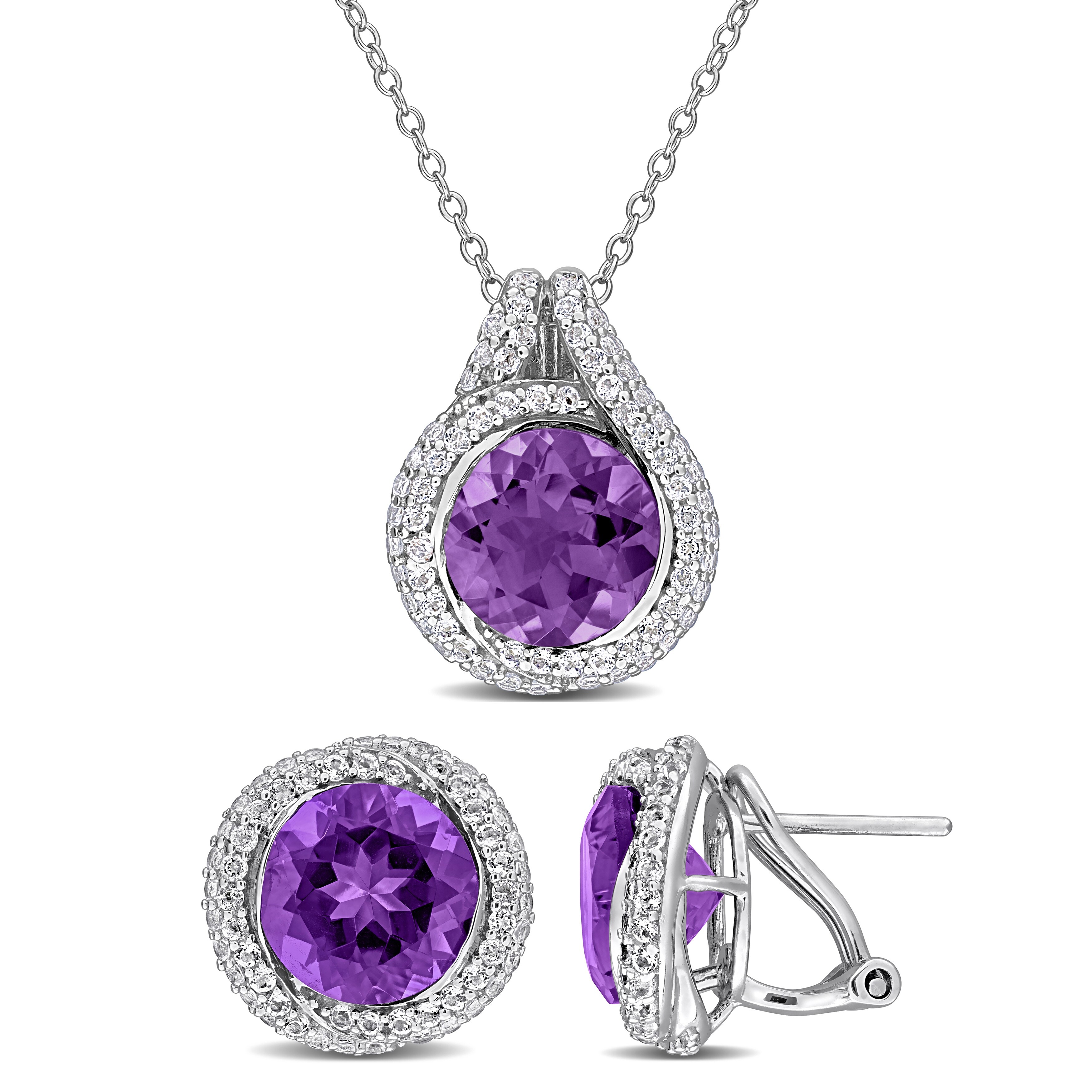 Miadora Sterling Silver Gemstone Halo Necklace and Earrings Set