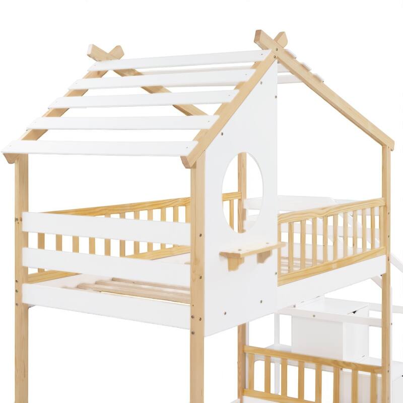 Stairway Twin Over Twin House Bunk Bed with Round Window, Storage Drawers and Shelf, Natural and White Finish