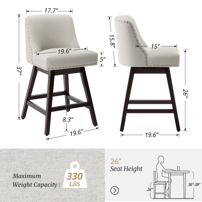 Modern 26 in. H Counter Height Bar Stools Upholstered 360 Free Swivel Counter Stools with Nailhead Trim
