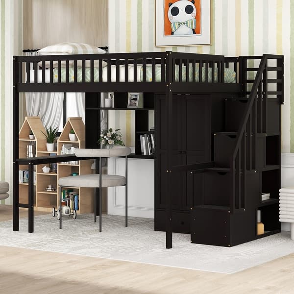 slide 2 of 32, Loft Bed with Bookshelf,Drawers,Desk,and Wardrobe Espresso - Full
