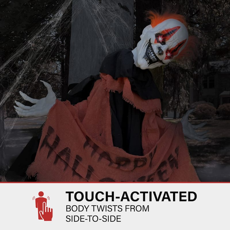Haunted Hill Farm Twister the Clown Animatronic Tree Hugger with Movement, Sounds, and Light-Up Eyes for Halloween Decoration