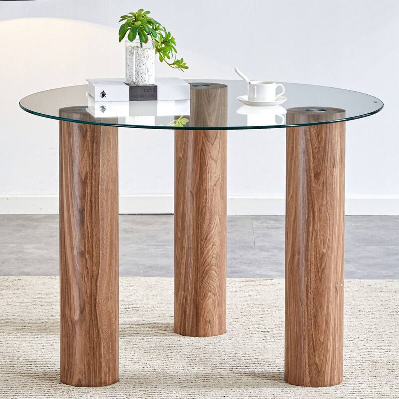 Round Tempered Glass Coffee Table with Wooden Legs