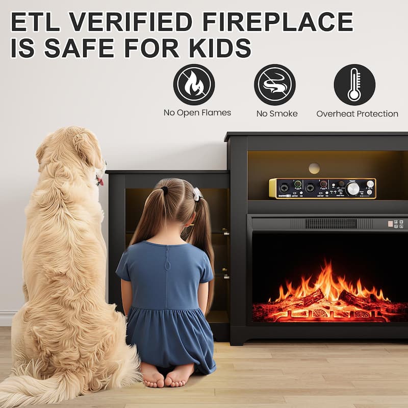 32" H Fireplace TV Stand, 55/70 Inch Media Console for TVs up to 80", Remote, Storage & LED Lights