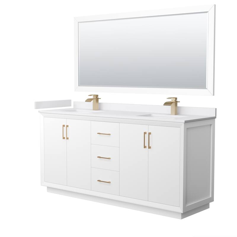Strada 72-Inch Double Vanity Set, Cultured Marble Top, 70-Inch Mirror - White, Bronze Trim, White Cultured Marble Top