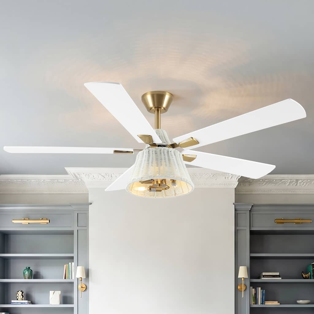 52" Bohemian White Rattan Woven 5-Blade Indoor Ceiling Fan with Light and Remote