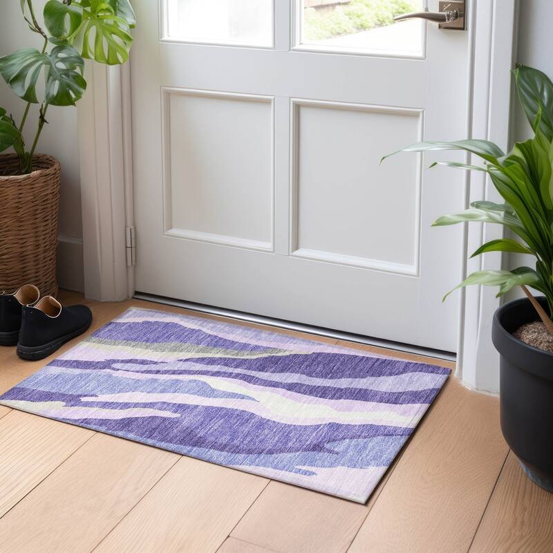 Machine Washable Indoor/ Outdoor Abstract Contemporary Chantille Rug - Purple - 1'8" x 2'6"