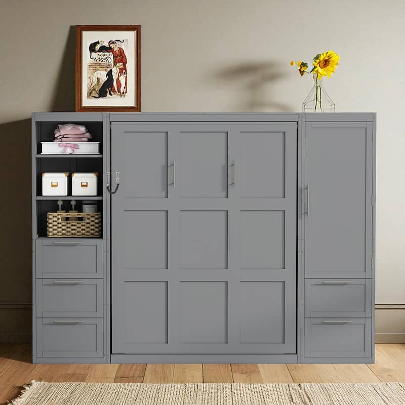 Queen Size Murphy Bed with Closet, Drawers and Shelves - Space Saving Wall Bed with Storage Cabinets - Grey - Queen