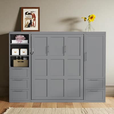 Queen Size Murphy Bed with Closet, Drawers and Shelves - Space Saving Wall Bed with Storage Cabinets