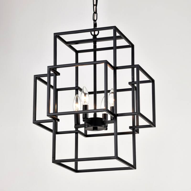 Industrial 4-Light Farmhouse Lantern Chandelier, Adjustable Height, for Dining Room and Kitchen, E12 Bulbs Not Included