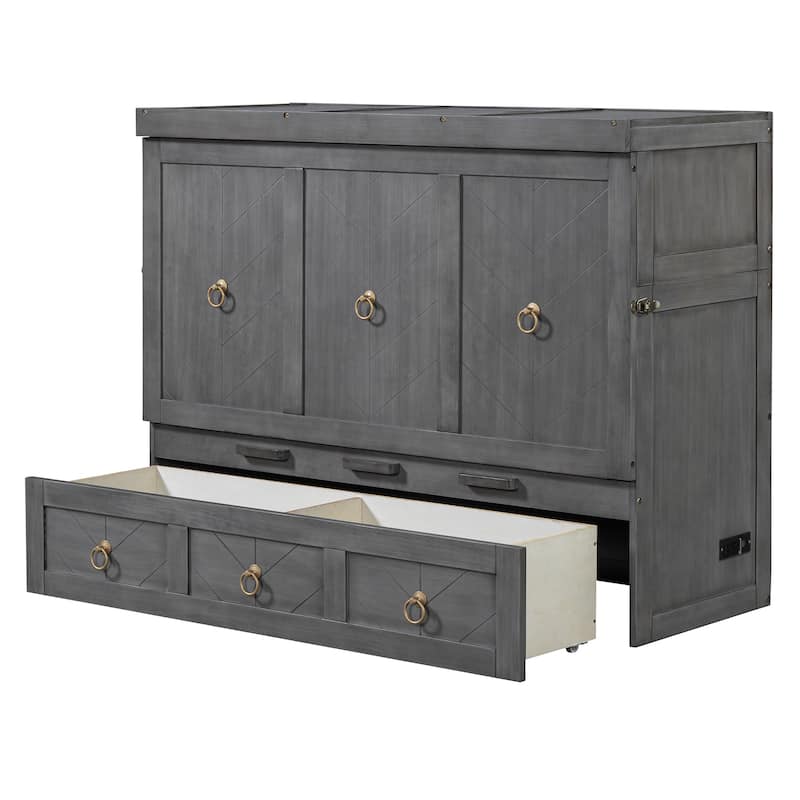 Full/Queen Murphy Bed with Built-in Power/USB Module, Wooden Foldable Wall Bed w/Large Storage Drawer for Home Office Guest Room