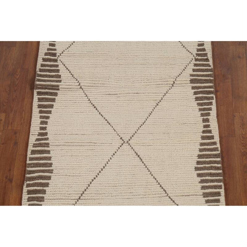 Ivory Moroccan Runner Rug Handmade Modern Wool Carpet - 3'1"x 11'10"