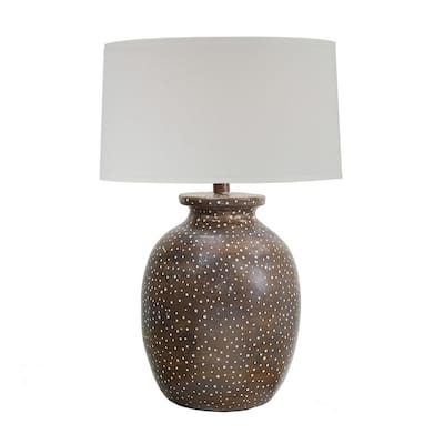 Amy 30 Inch Table Lamp, Jar Shape Body, White Cone Shade, Brown Finish