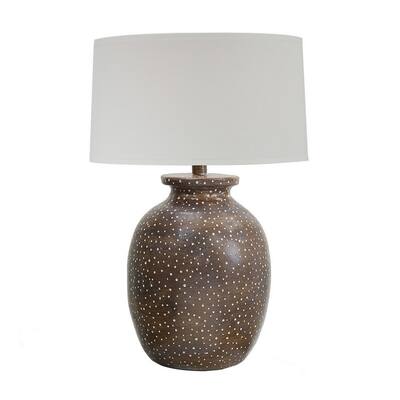 Amy 30 Inch Table Lamp, Jar Shape Body, White Cone Shade, Brown Finish