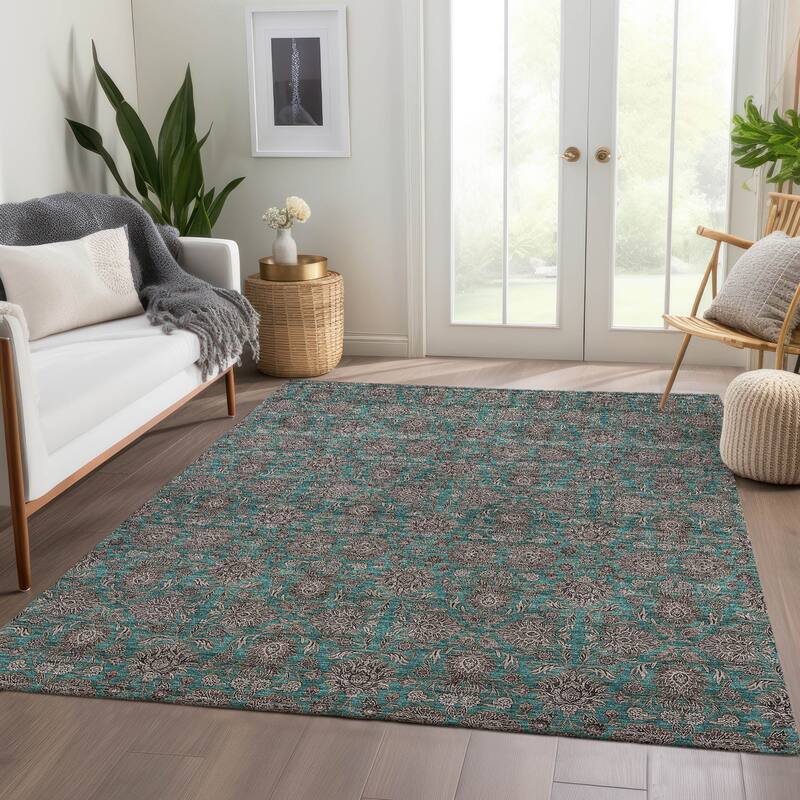 Machine Washable Indoor/ Outdoor Chantille Traditional Floral Rug - Teal - 5' x 7'6"