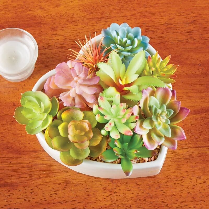 Artificial Succulent Arrangement in White Ceramic Heart-Shaped Pot - 7.5 x 5.5 x 6 - Green - 7.5 x 5.5 x 6