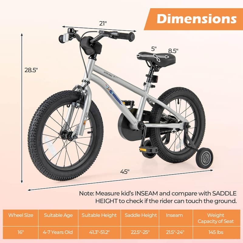 16'' Kids Bike Sport Bicycle w/Adjustable Saddle for 4-7 Years Old