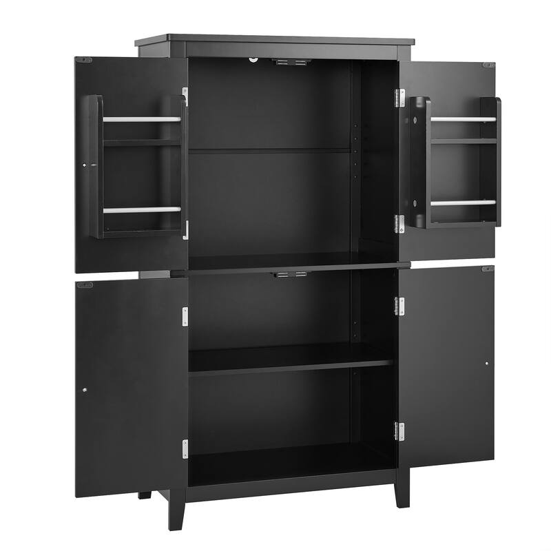 Floor Storage Cabinet, Bathroom Freestanding Cabinet with 4 Doors, Door Racks and Adjustable Shelves - Anti-tipping Device