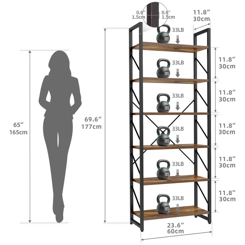 Moasis 6-Tier Bookshelf Open Storage Display Rack Industrial Bookcase