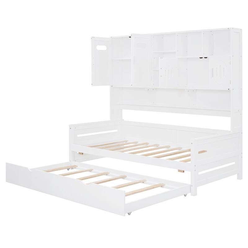 Full Size Wood Daybed with Built-in Storage Cabinet, Open Shelves & Twin Trundle Bed, Space-Saving Multi-Functional Frame