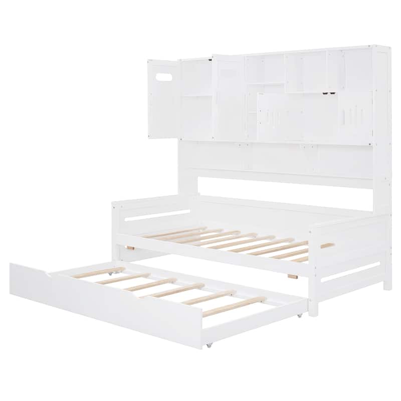 Space-Saving Twin Size Daybed with All-in-One Cabinet, Wooden Platform Bed Frame with Twin Trundle & Shelf, No Box Spring Needed