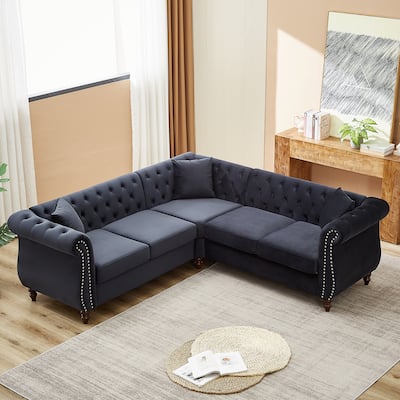 Black Velvet L-shaped Sectional Sofa w/ Pillows & Removable Cushions
