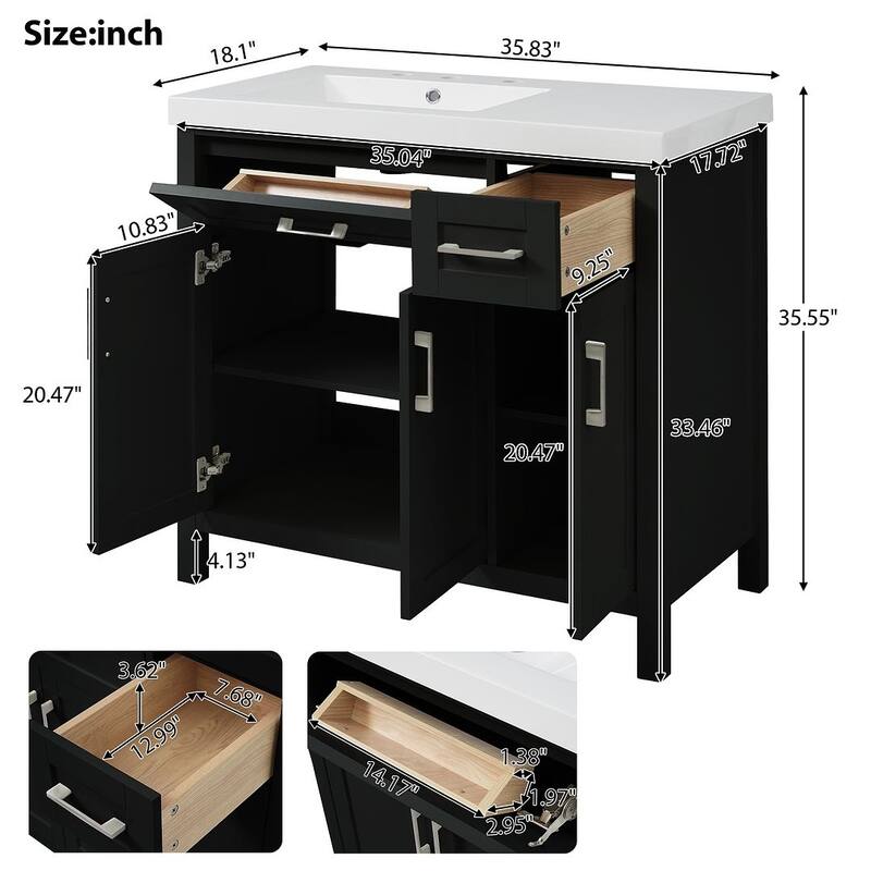 36" Bathroom Vanity Cabinet with Resin Integrated Sink - 2 Drawers, 3 Doors