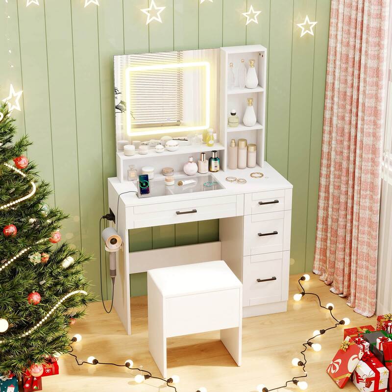 Costway 35.5" Makeup Table Set Vanity Desk with Mirror and Lights 2 - See Details