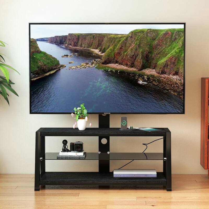 Wooden Storage TV Stand Black Tempered Glass Height Adjustable Universal Swivel Entertainment Center With Mount TV Stand,black - Black