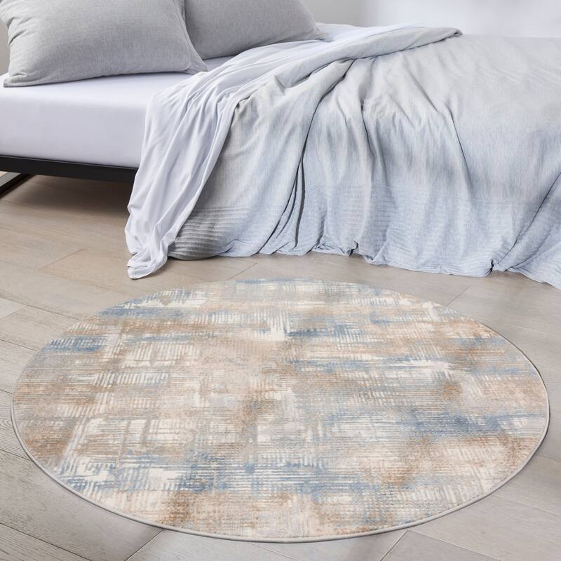 Calvin Klein Rush Contemporary Geometric Abstract Area Rug - 6' Round - Blue/Beige - Runner/Round
