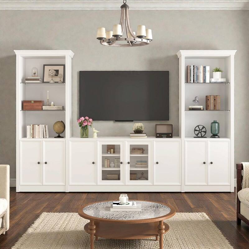 128" Wall Unit Entertainment Center with Bookshelves, TV Stand for TVs up to 80", Media Console with Glass Cabinets
