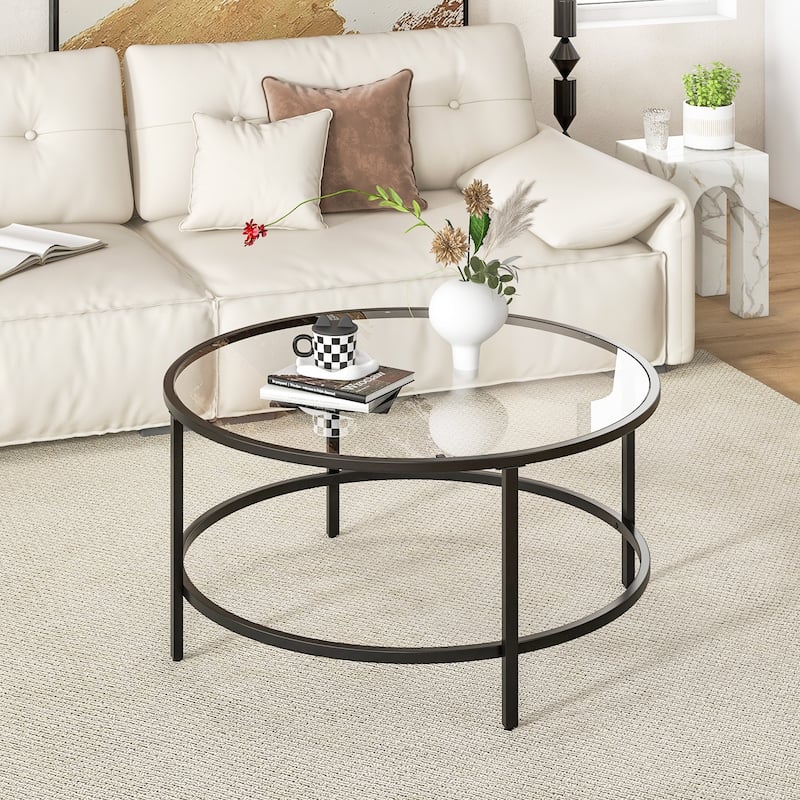 Tempered Glass Round Coffee Table with Metal Frame and 110 lbs Capacity - 35.5" x 35.5" x 18"