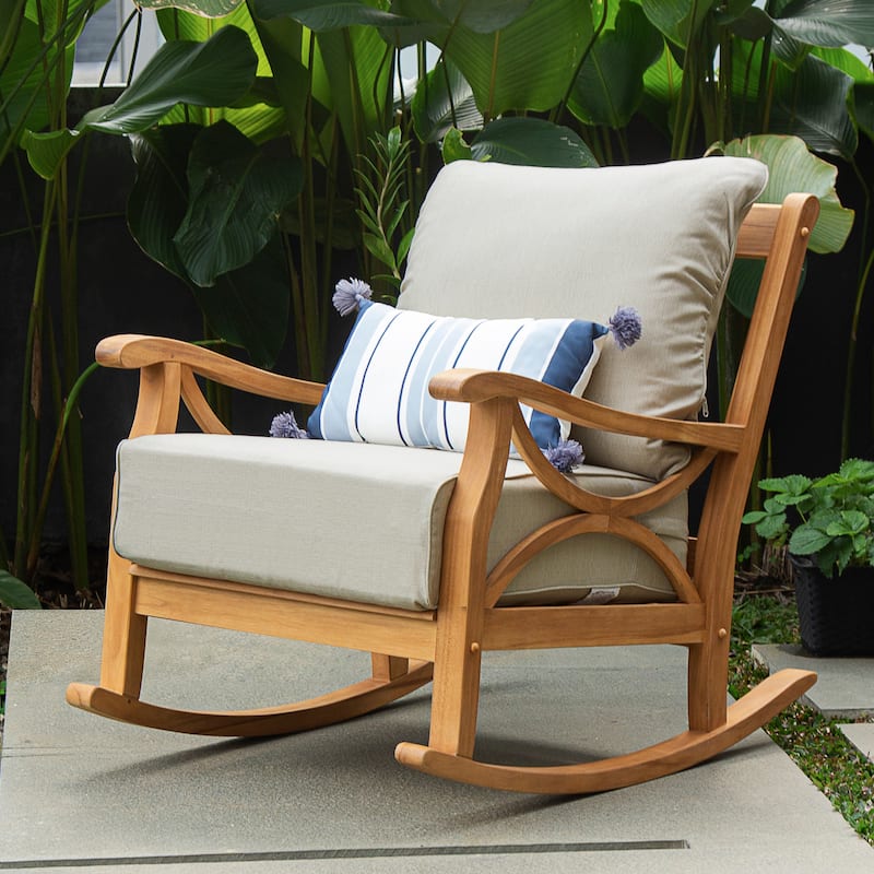 Cambridge Casual Lowell Teak Outdoor Rocking Chair with Cushion - Natural Teak/Beige Cushion